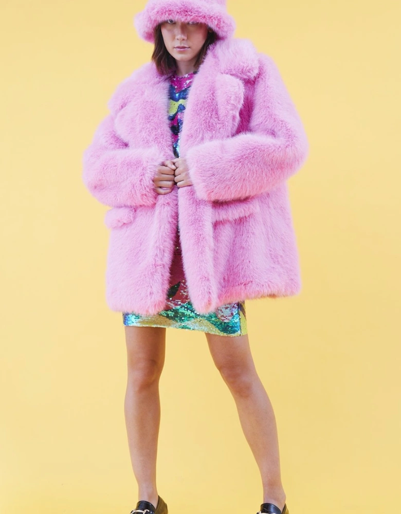 Faux Fur Baby Pink Midi Coat