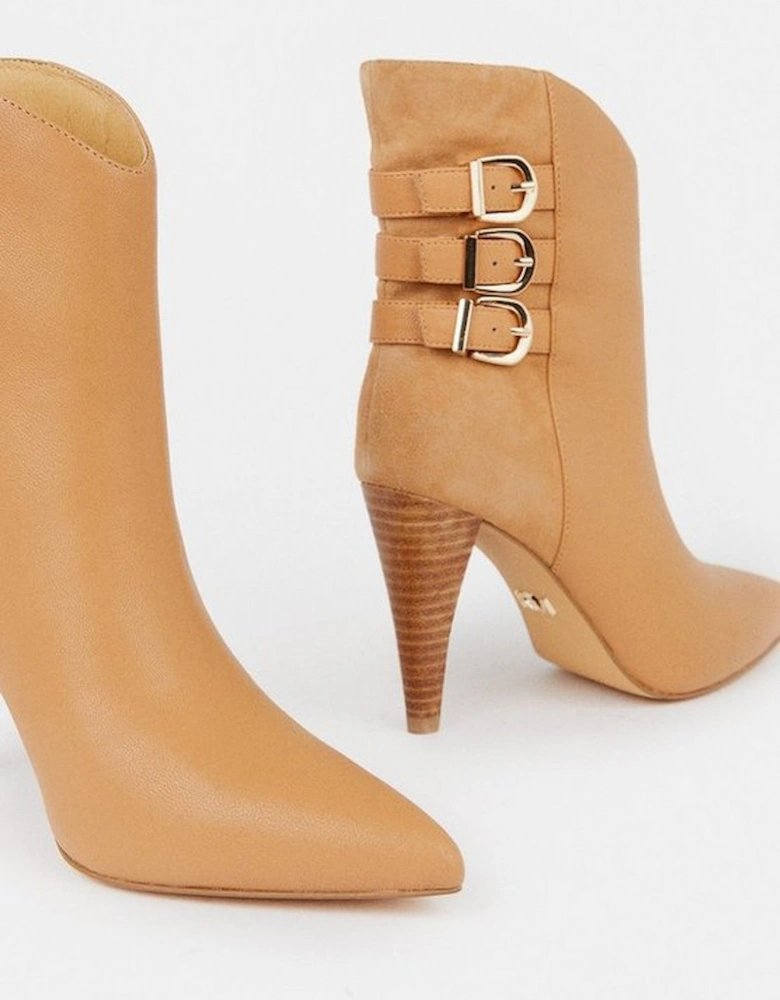Leather And Suede Cone Heel Buckle Boot