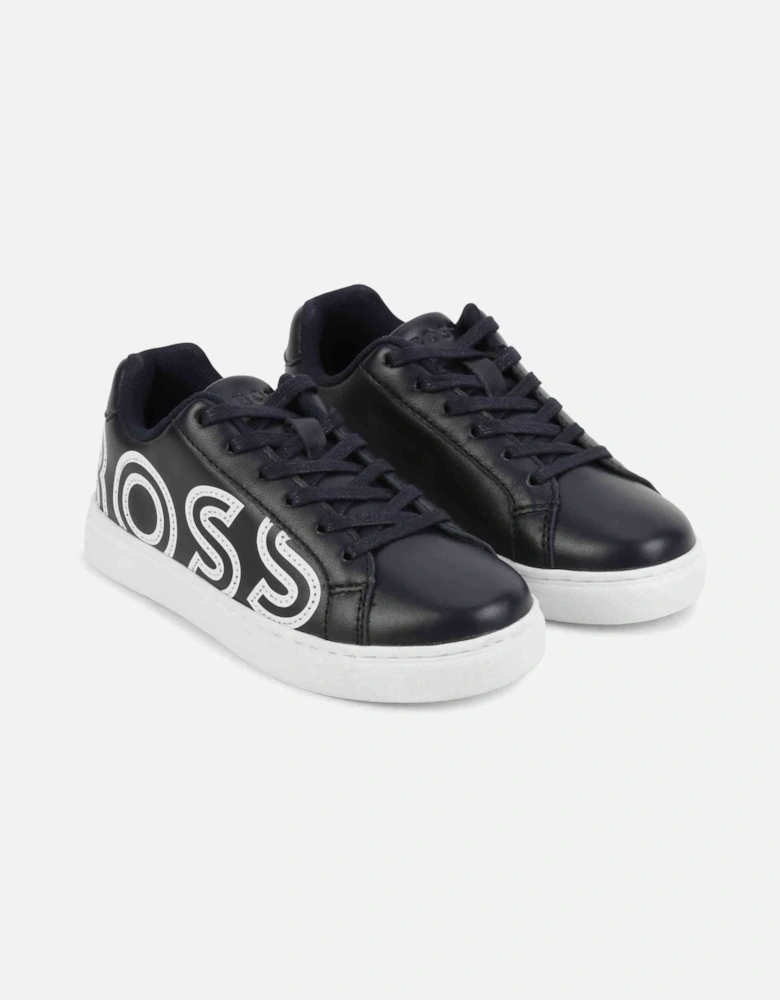 Navy Logo Leather Trainers