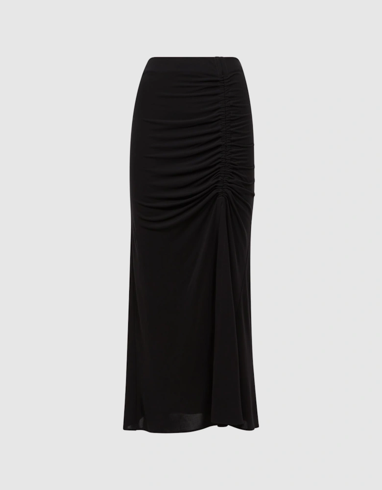 High Rise Ruched Fitted Midi Skirt