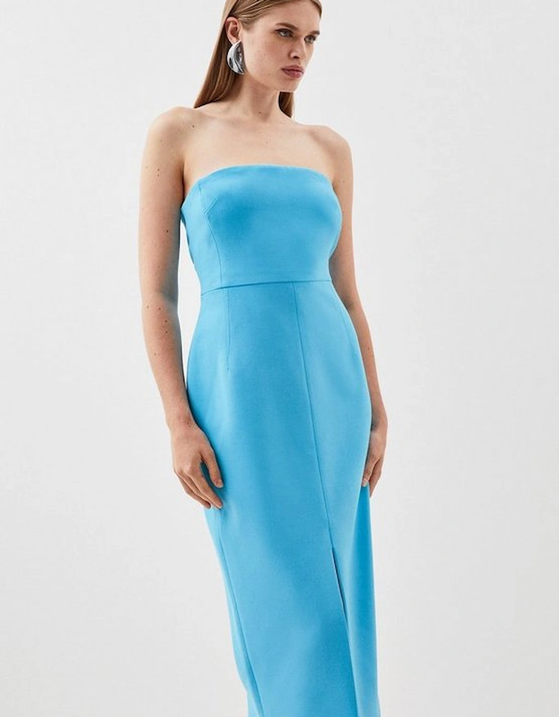 Compact Stretch Tailored Belted Bandeau Midi Pencil Dress