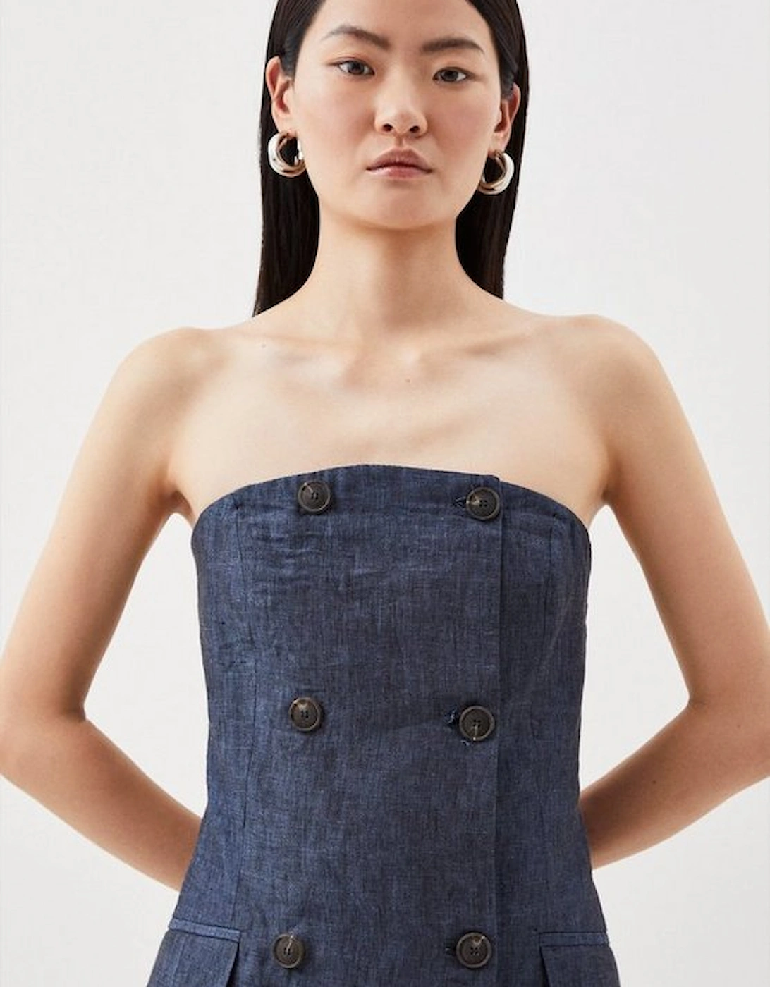 Indigo Linen Bandeau Tailored Pencil Dress