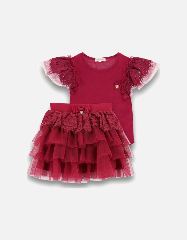 Deep Red Lace Skirt Set