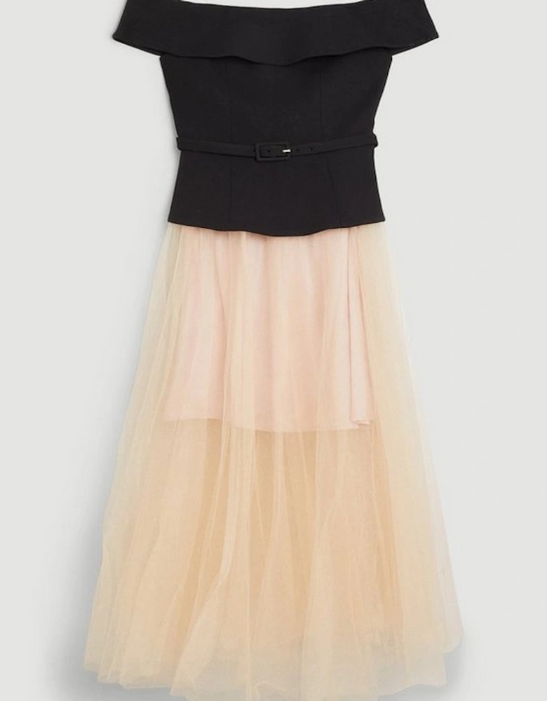 Compact Stretch Tulle Skirted Bardot Tailored Midi Dress