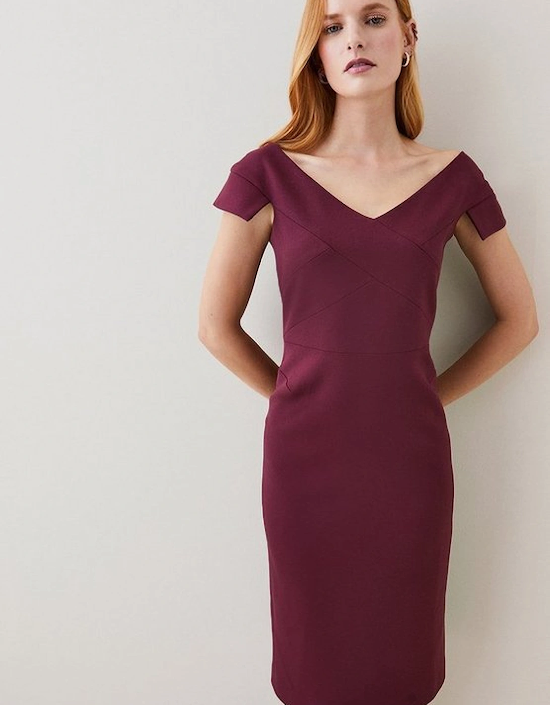 Petite Structured Crepe Tailored Cross Detail Midi Dress, 5 of 4