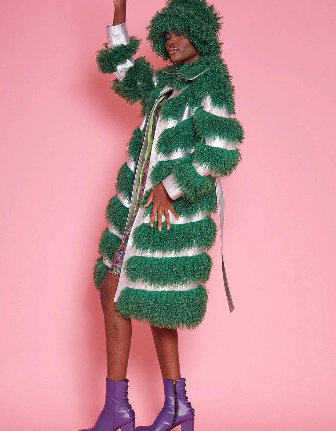 Metallic and Green Shearling Handmade Coat