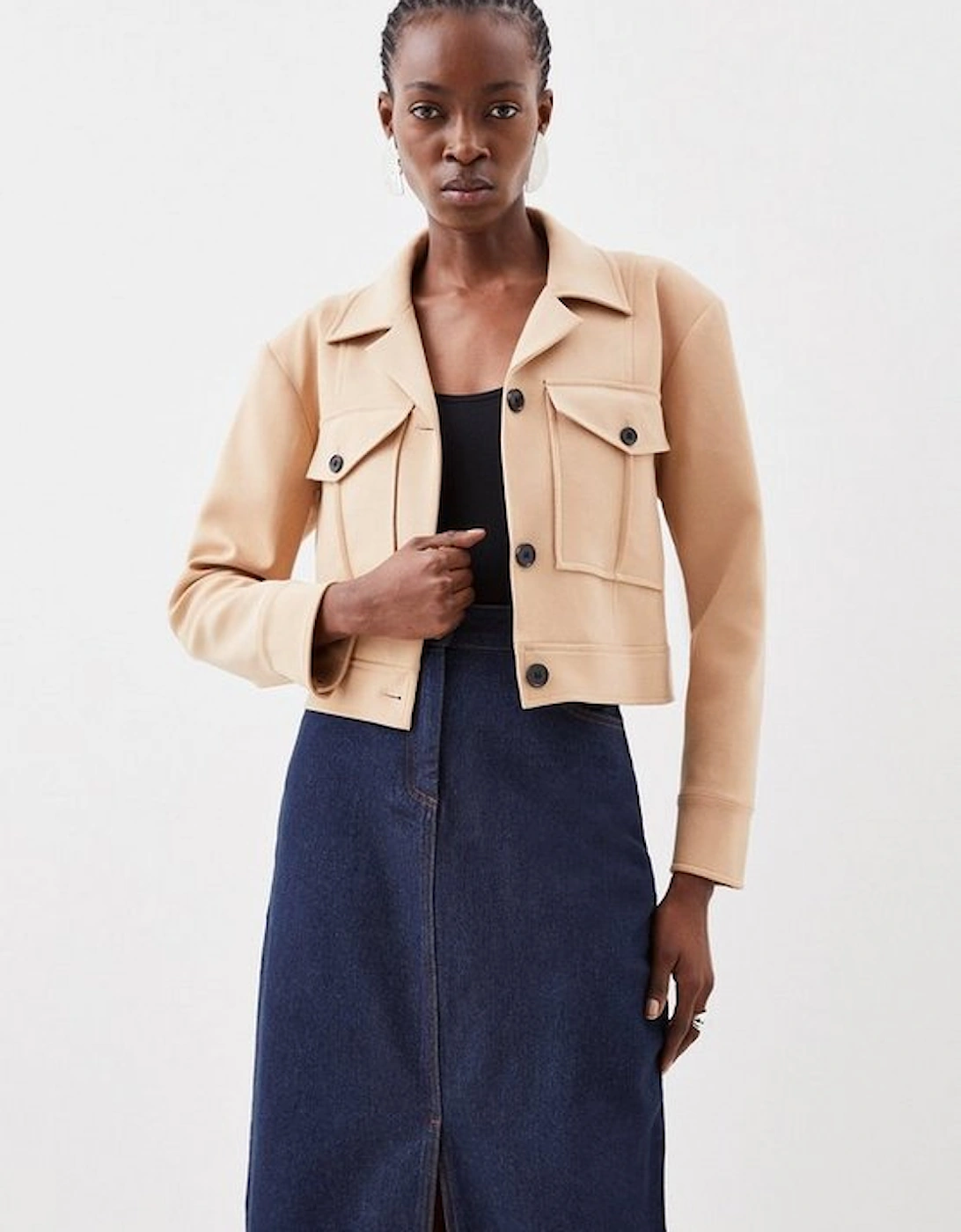 Compact Stretch Pocket Detail Tailored Cropped Jacket
