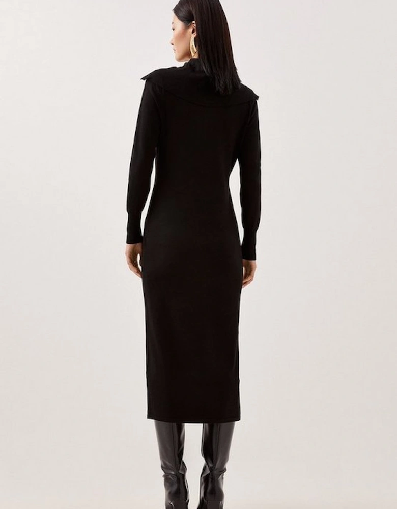 Viscose Blend Fly Collar Knitted Midi Dress