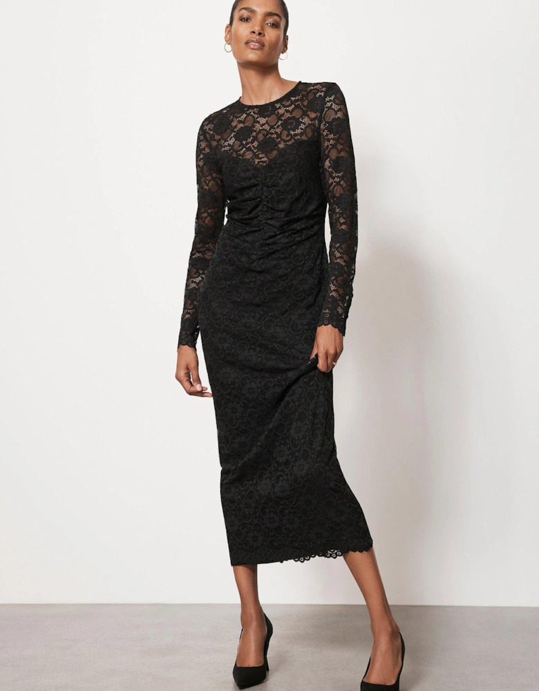 Black Lace Ruched Midi Dress