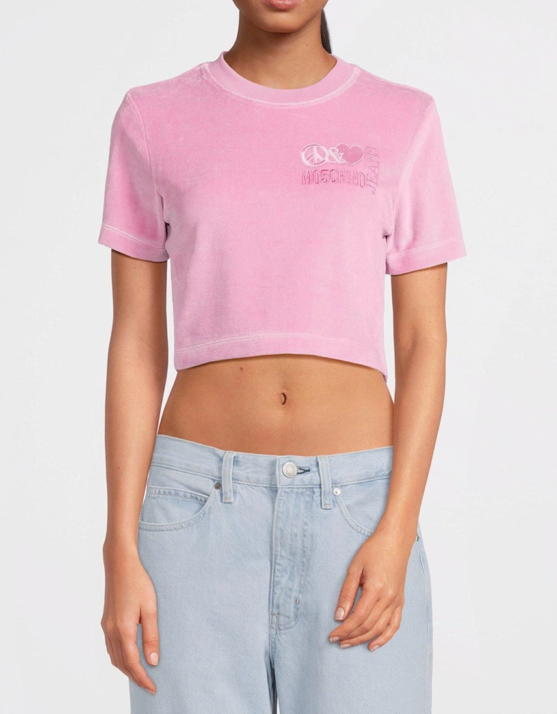 Cropped Velour T-shirt - Fantasy Print Pink