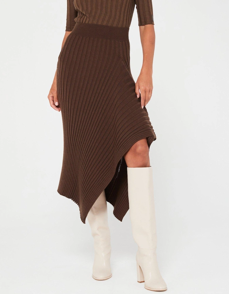 Asymmetric Knitted Midi Skirt - Brown