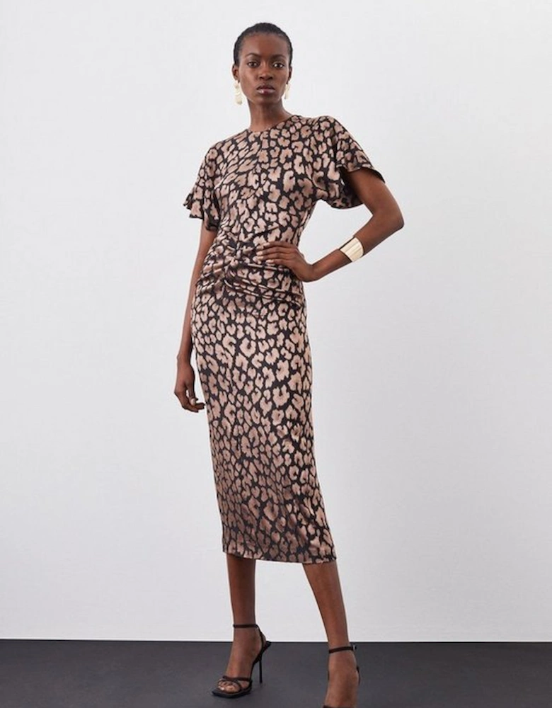 Animal Jacquard Ruched Front Crepe Tailored Midi Dress