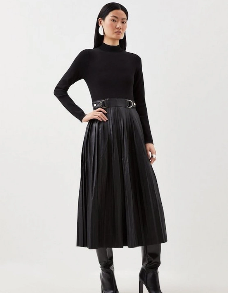 Pu Knit Pleated Skirt Midi Dress