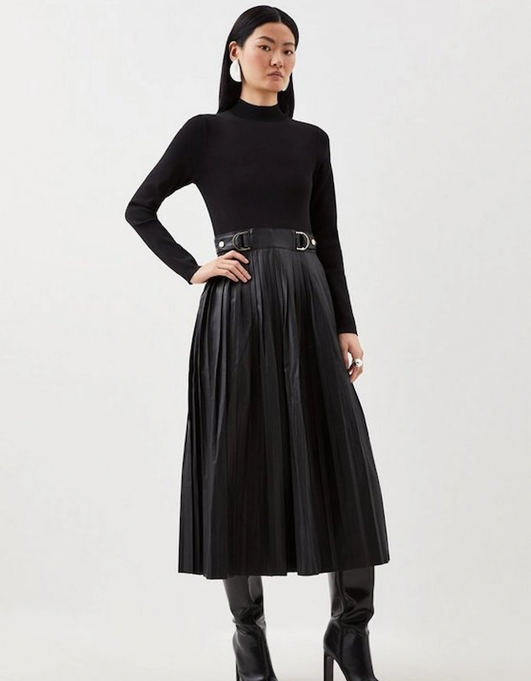 Pu Knit Pleated Skirt Midi Dress, 5 of 4
