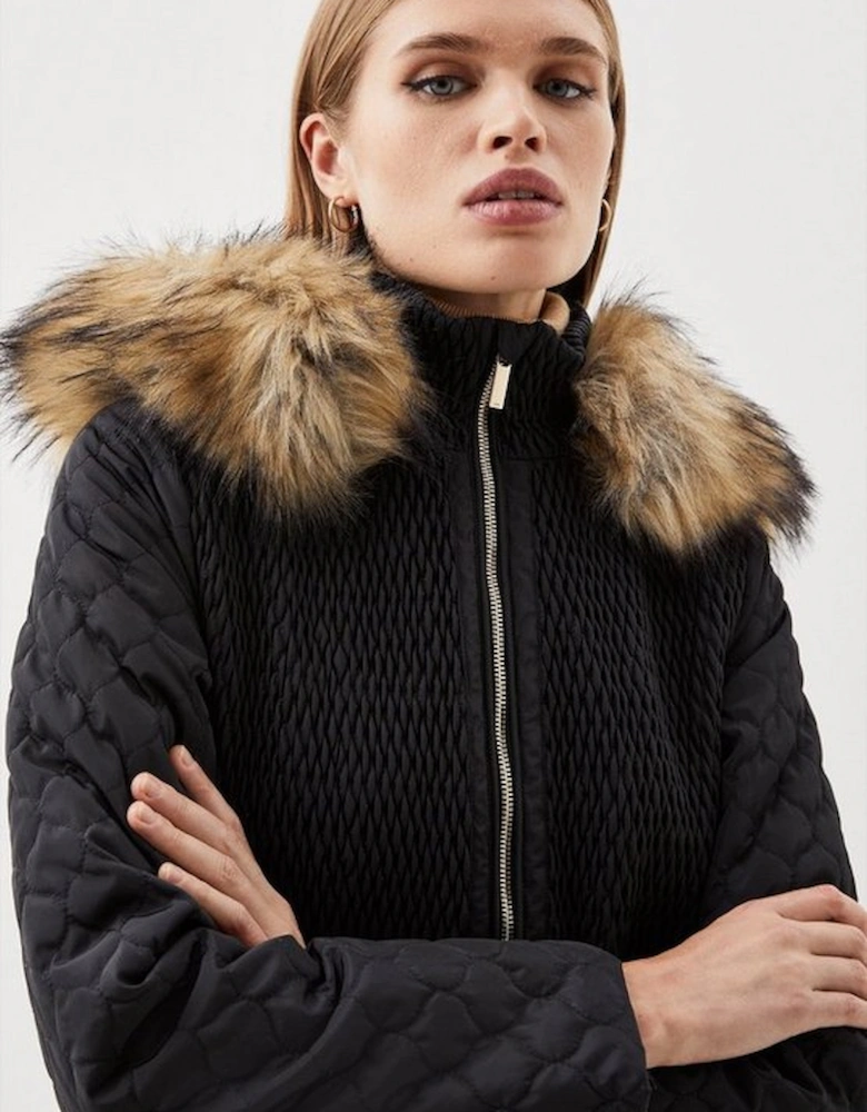 Signature Quilt Faux Fur Hood Mid Coat