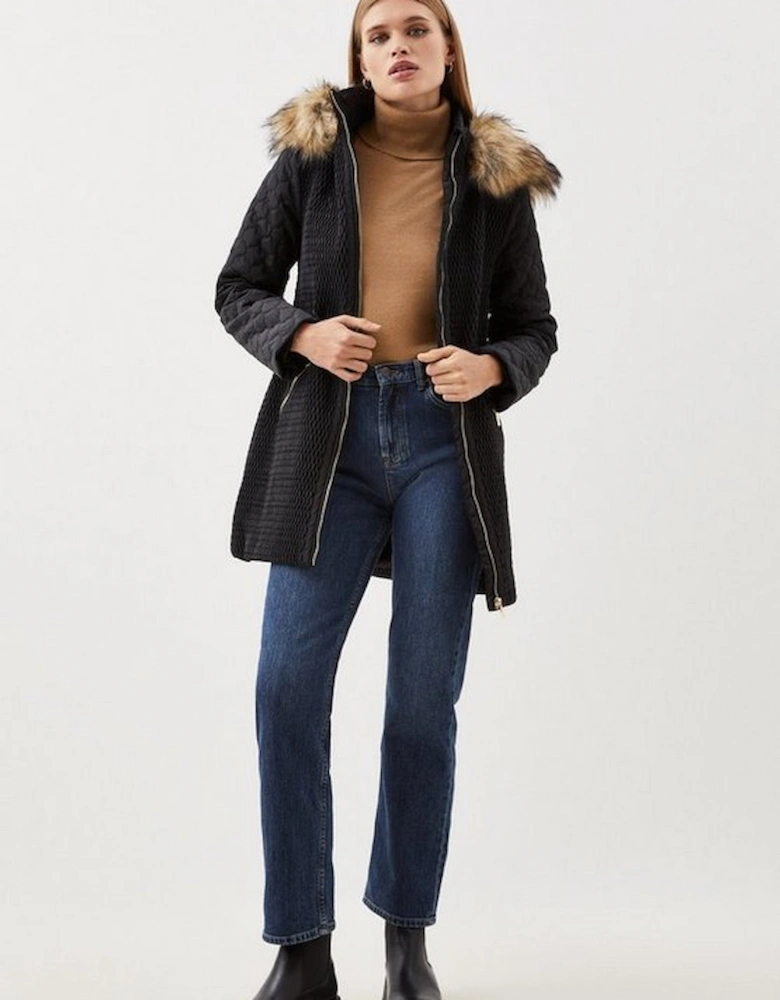 Signature Quilt Faux Fur Hood Mid Coat