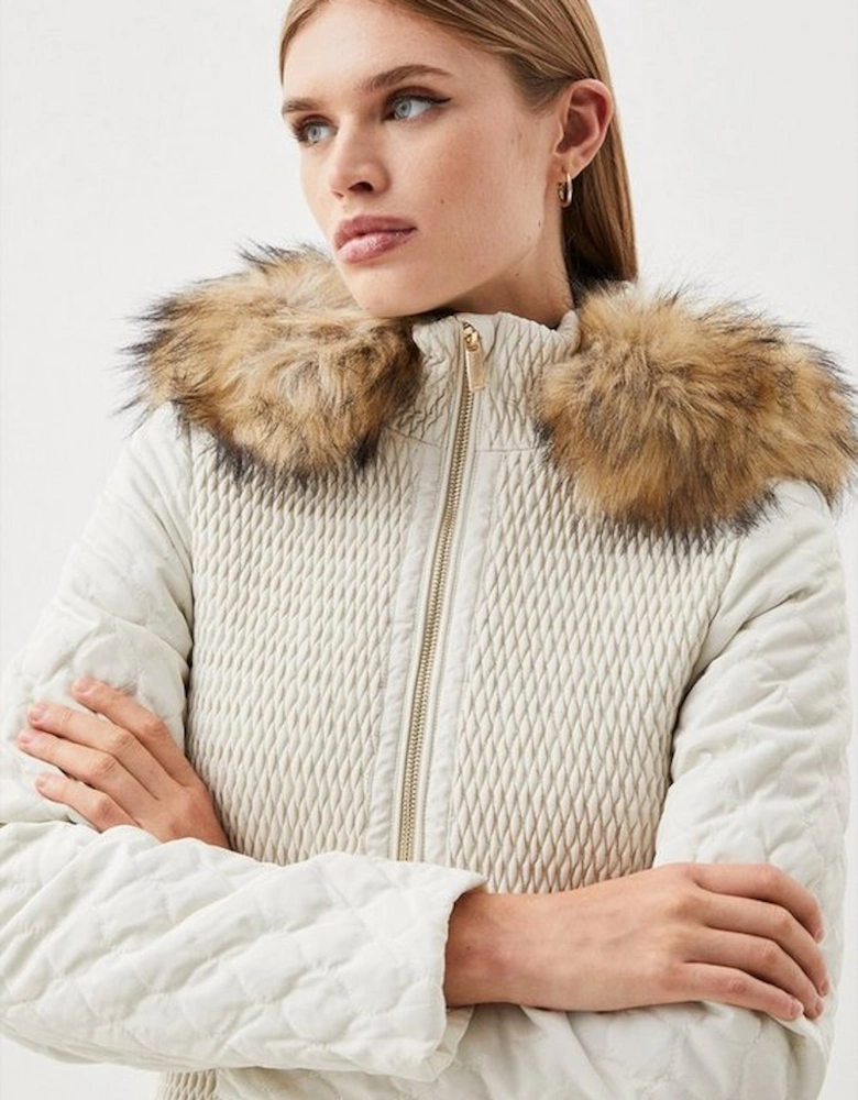 Signature Quilt Faux Fur Hood Longline Coat