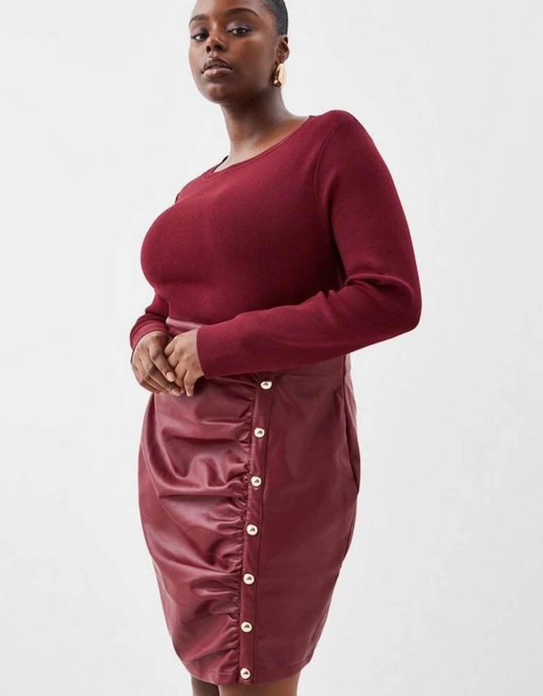 Plus Size Pu Knit Ruched Skirt Midi Dress