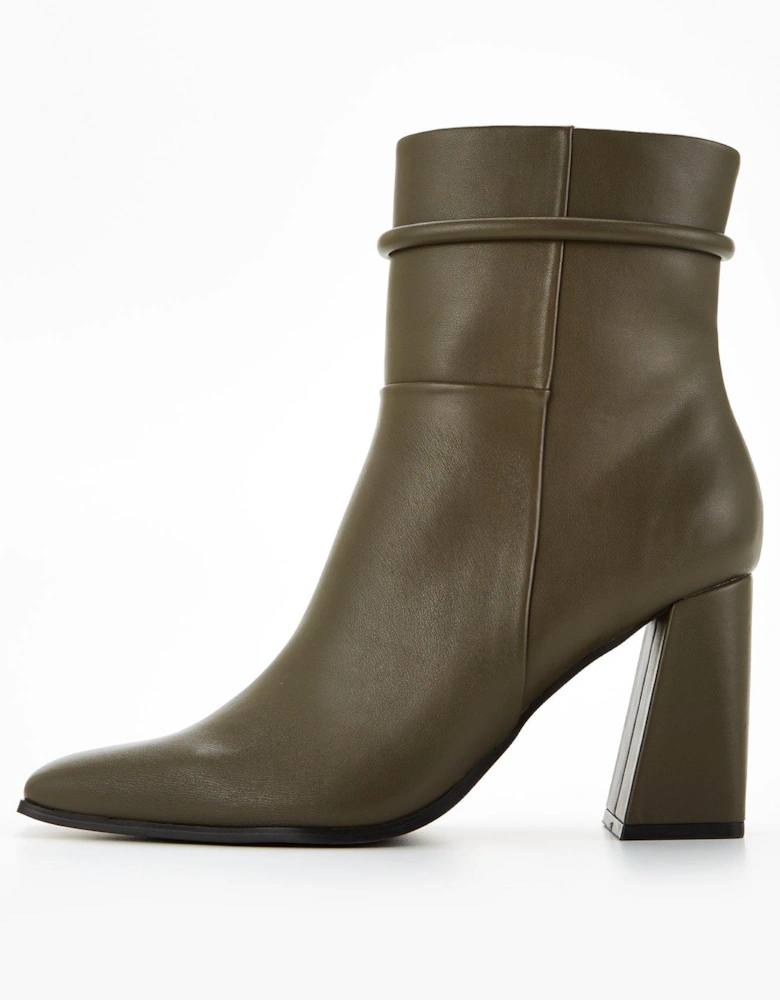 Square Toe Flare Heel Ankle Boot - Olive