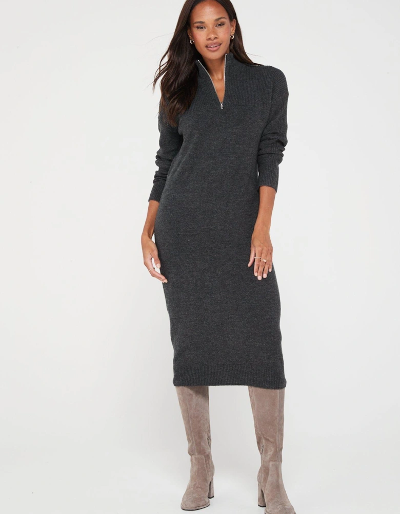 Knitted Quarter Zip Dress - Dark Grey