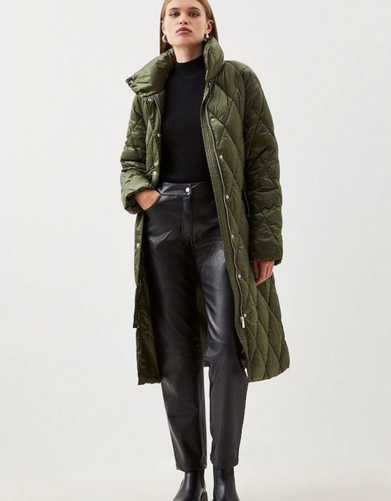 Diamond Quilted Puffer Longline Belted Coat
