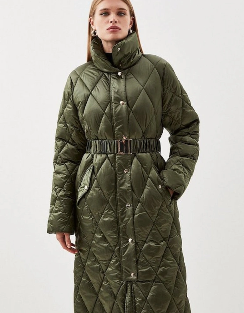 Diamond Quilted Puffer Longline Belted Coat