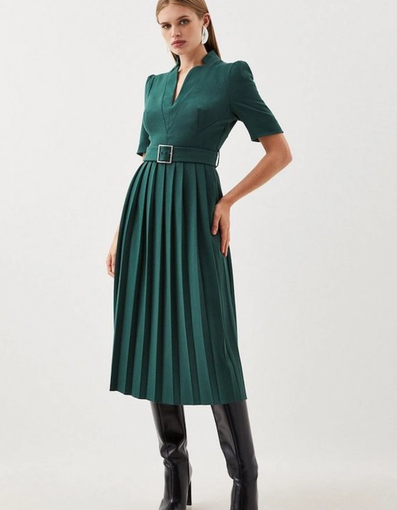 Tailored Structured Crepe Forever Pleat Belted Midi Dress