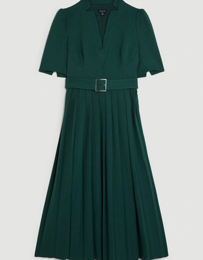 Tailored Structured Crepe Forever Pleat Belted Midi Dress