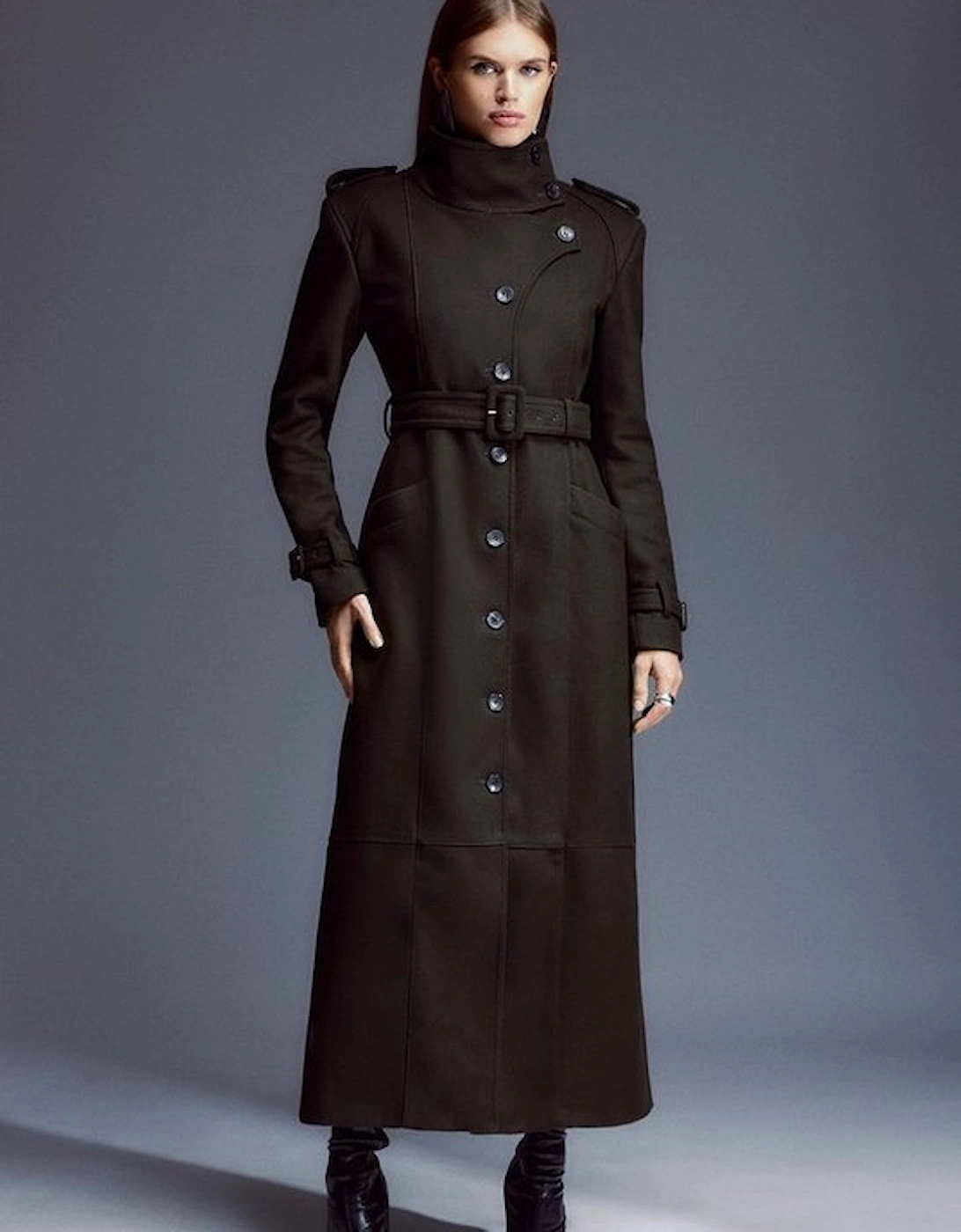 Tailored Wool Blend High Neck Belted Maxi Coat, 5 of 4