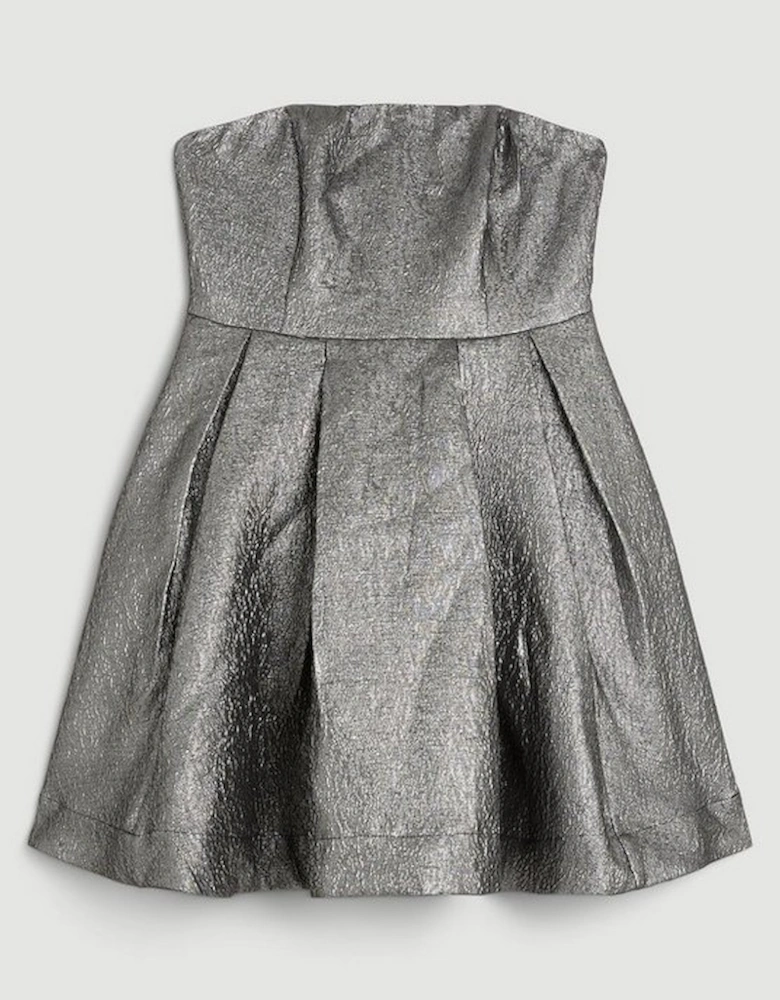 Silver Metallic Jacquard Twill Strappy Woven Mini Dress
