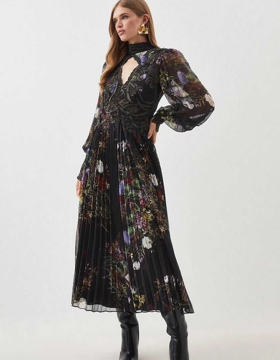 Petite Floral Applique Lace Pleated Woven Midi Dress, 5 of 4