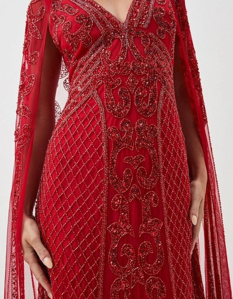 Petite Embellished Woven Maxi Dress With Cape