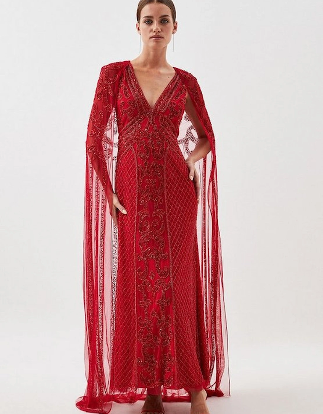 Petite Embellished Woven Maxi Dress With Cape