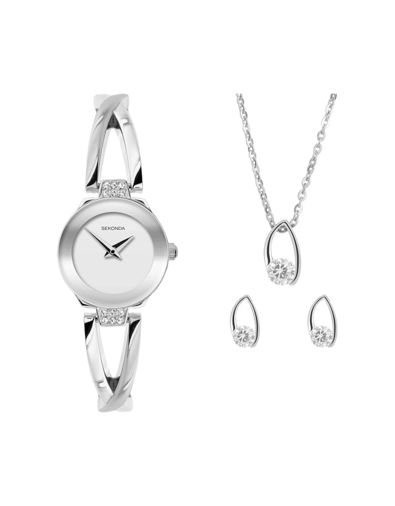 Womens Silver Alloy Semi-Bangle with Silver White Dial Analogue Watch and Matching Pendant and Earrings Gift Set