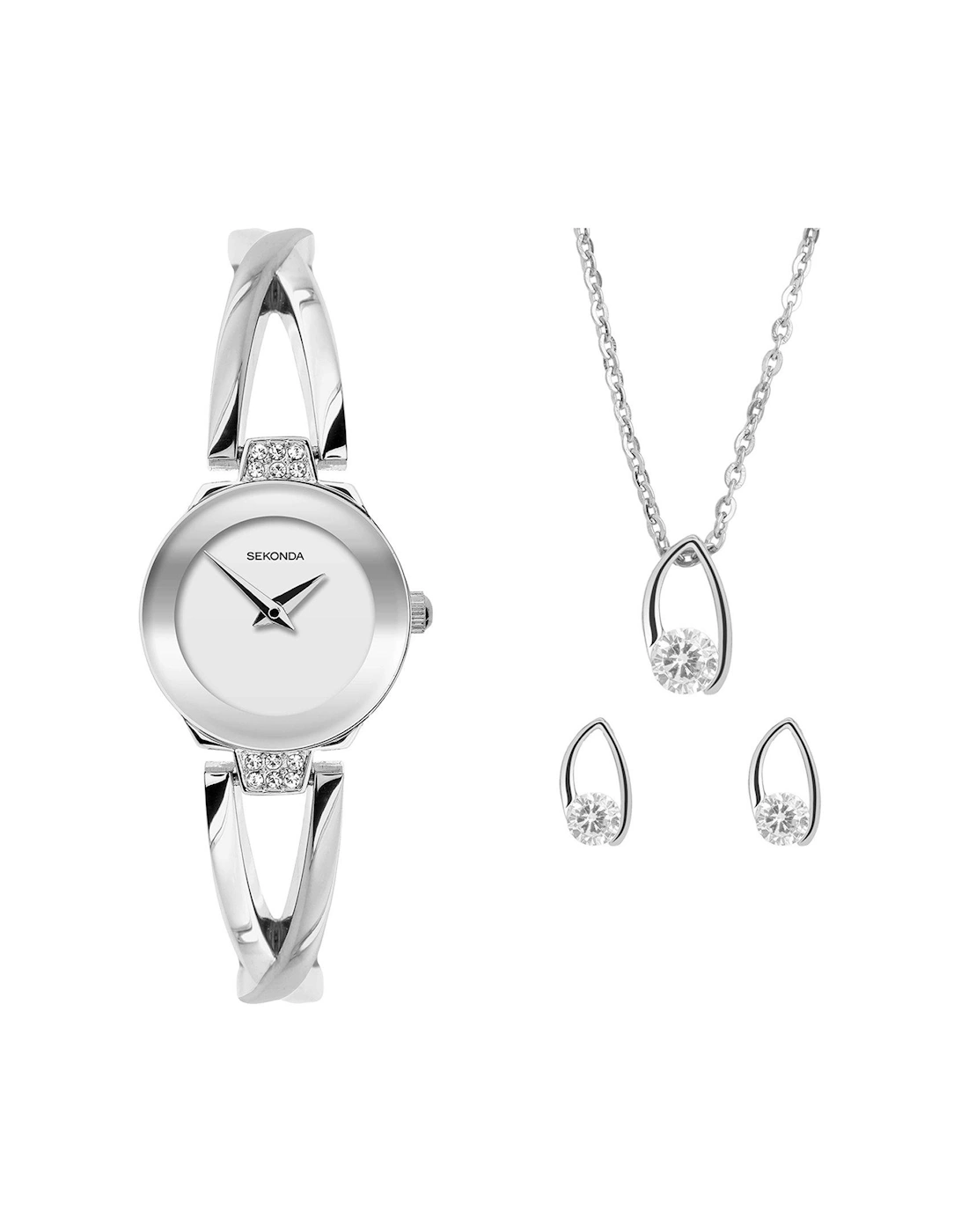 Womens Silver Alloy Semi-Bangle with Silver White Dial Analogue Watch and Matching Pendant and Earrings Gift Set, 2 of 1