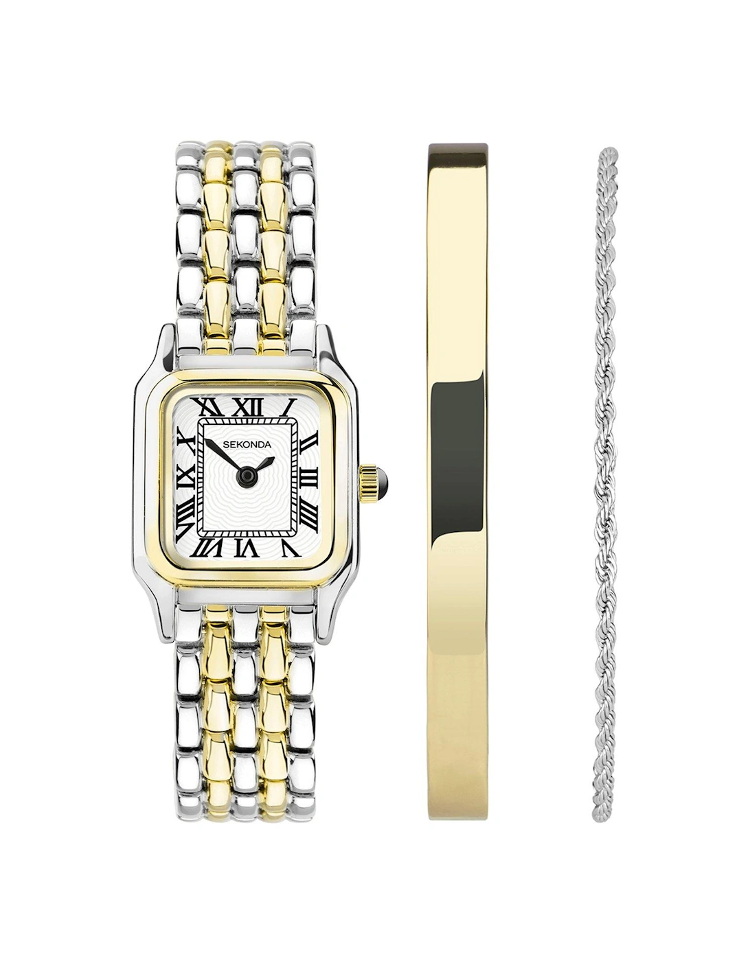 Womens Monica Two Tone Bracelet with White Dial Analogue Watch and Matching Gold Bangle and Silver Bracelet Gift Set, 2 of 1