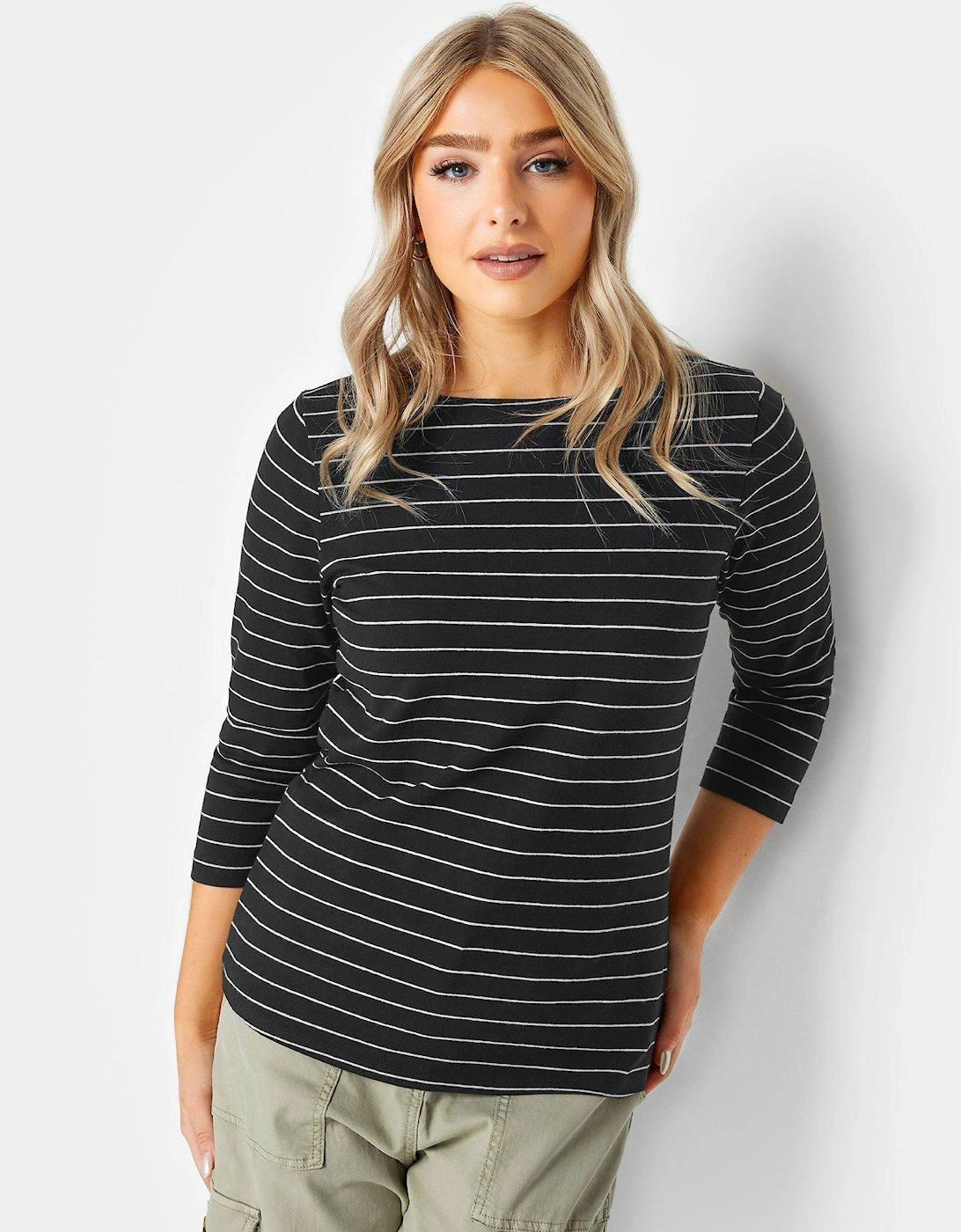 Stripe Cotton Blend 3/4 Sleeve Top - Black, 2 of 1