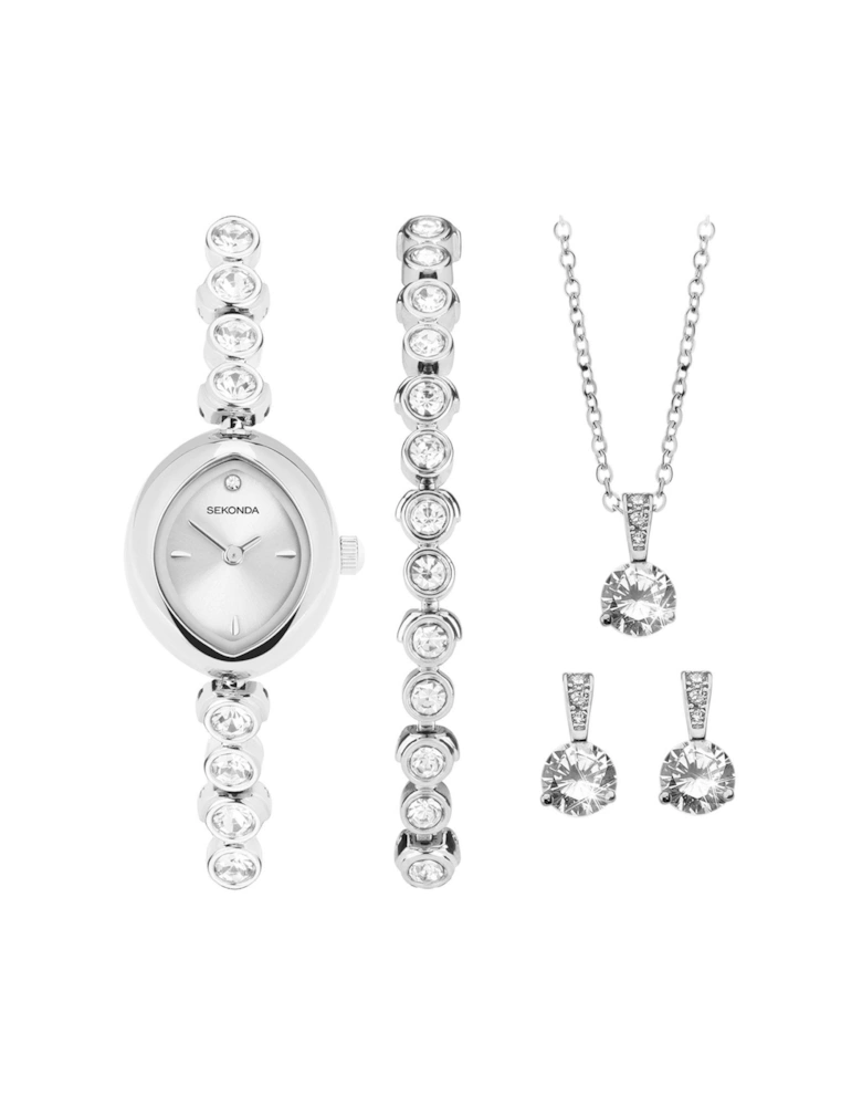 Womens Silver Alloy Bracelet with Silver Dial Analogue Watch and Matching Pendant and Earrings Gift Set