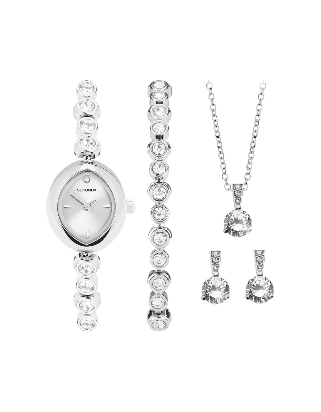 Womens Silver Alloy Bracelet with Silver Dial Analogue Watch and Matching Pendant and Earrings Gift Set, 2 of 1