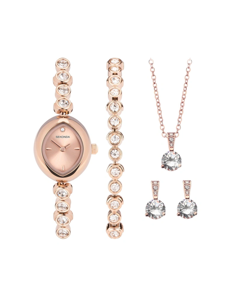Womens Rose Gold Alloy Bracelet with Rose Dial Analogue Watch and Matching Rose Gold Pendant and Earrings Gift Set