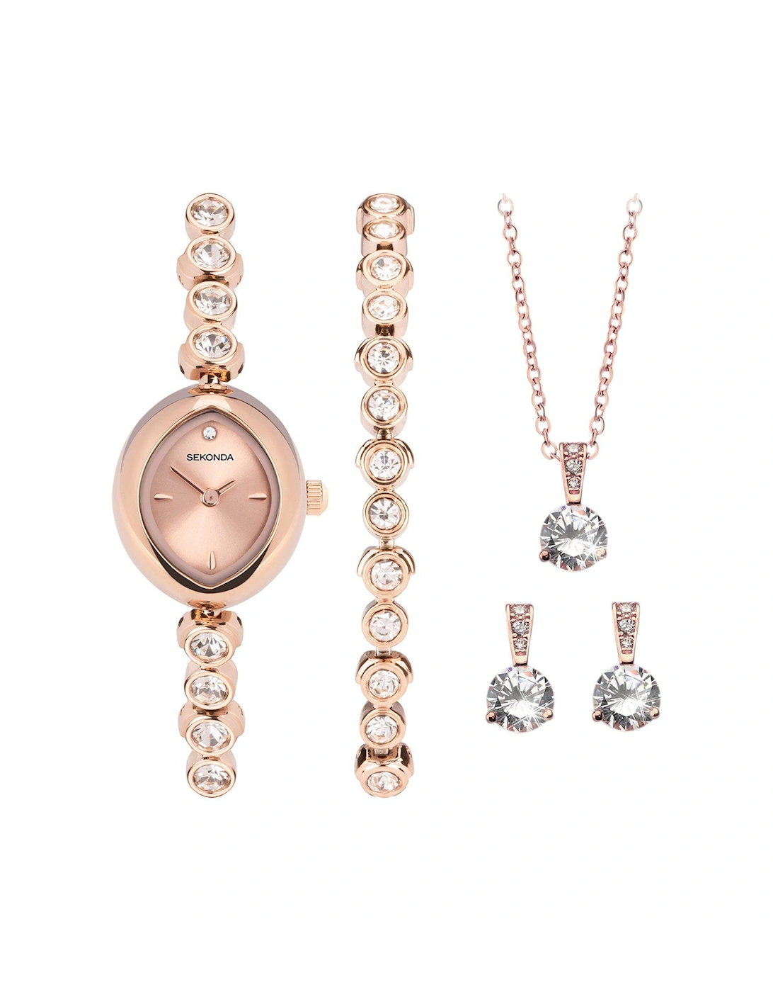 Womens Rose Gold Alloy Bracelet with Rose Dial Analogue Watch and Matching Rose Gold Pendant and Earrings Gift Set, 2 of 1