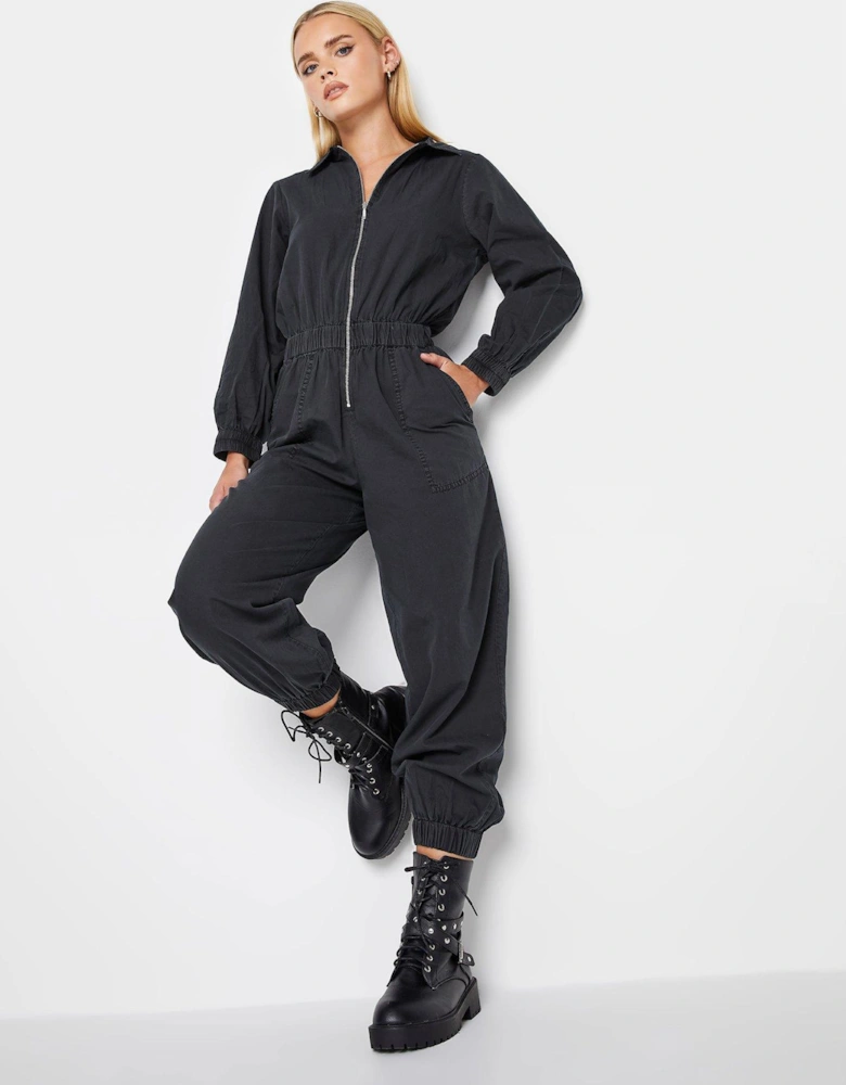 Petite Zip Front Ls Jumpsuit - Black