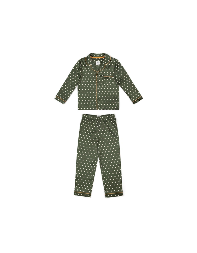 Unisex Kids Long Button Up Spot Print Satin Pyjamas - Khaki