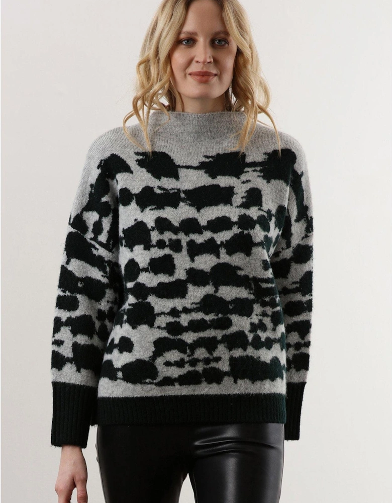 Oversized Cosy Printed Intarsia High Neck Jumper - Grey