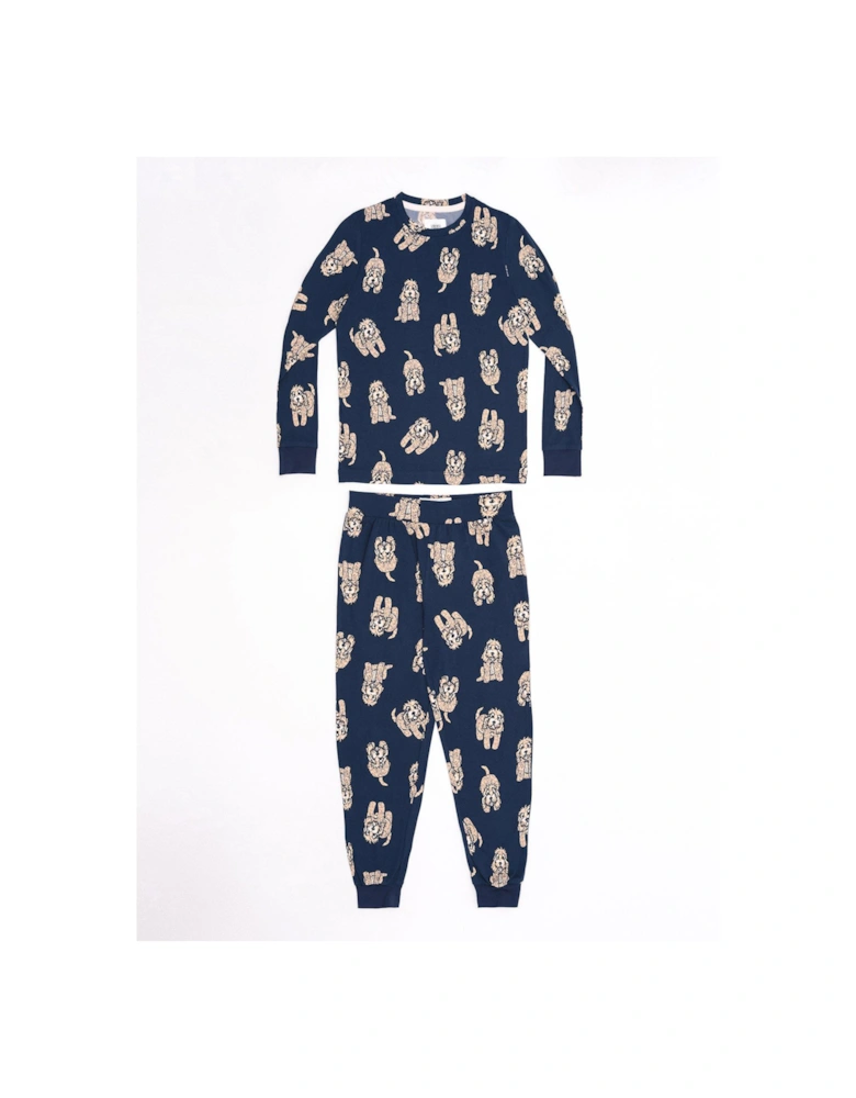 Unisex Kids Cockapoo Print Jersey Long Pyjama Set - Navy