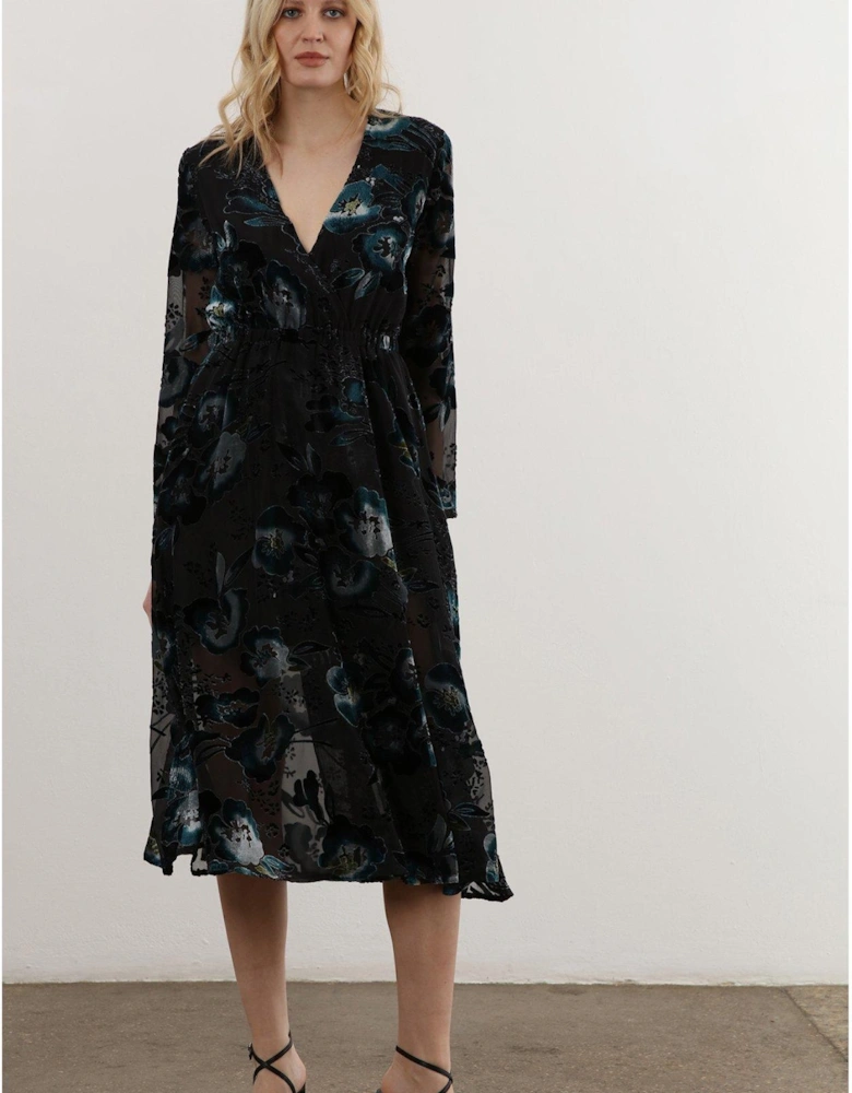 Velvet Floral Midi Wrap Dress - Black