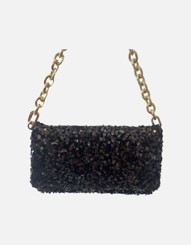 Black sequin clutch with gold chain strap