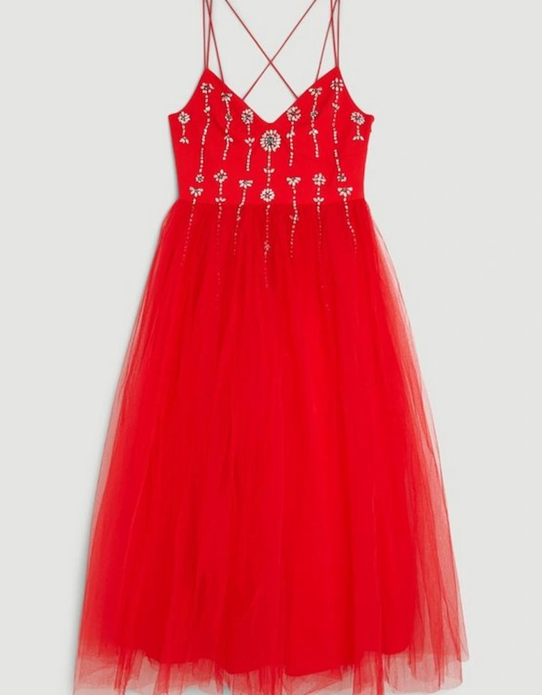 Crystal Embellished Tulle Midi Dress