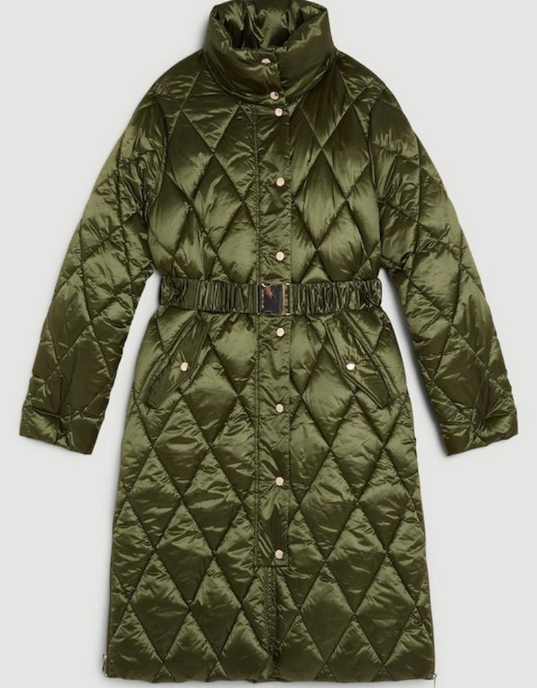 Diamond Quilted Puffer Longline Belted Coat