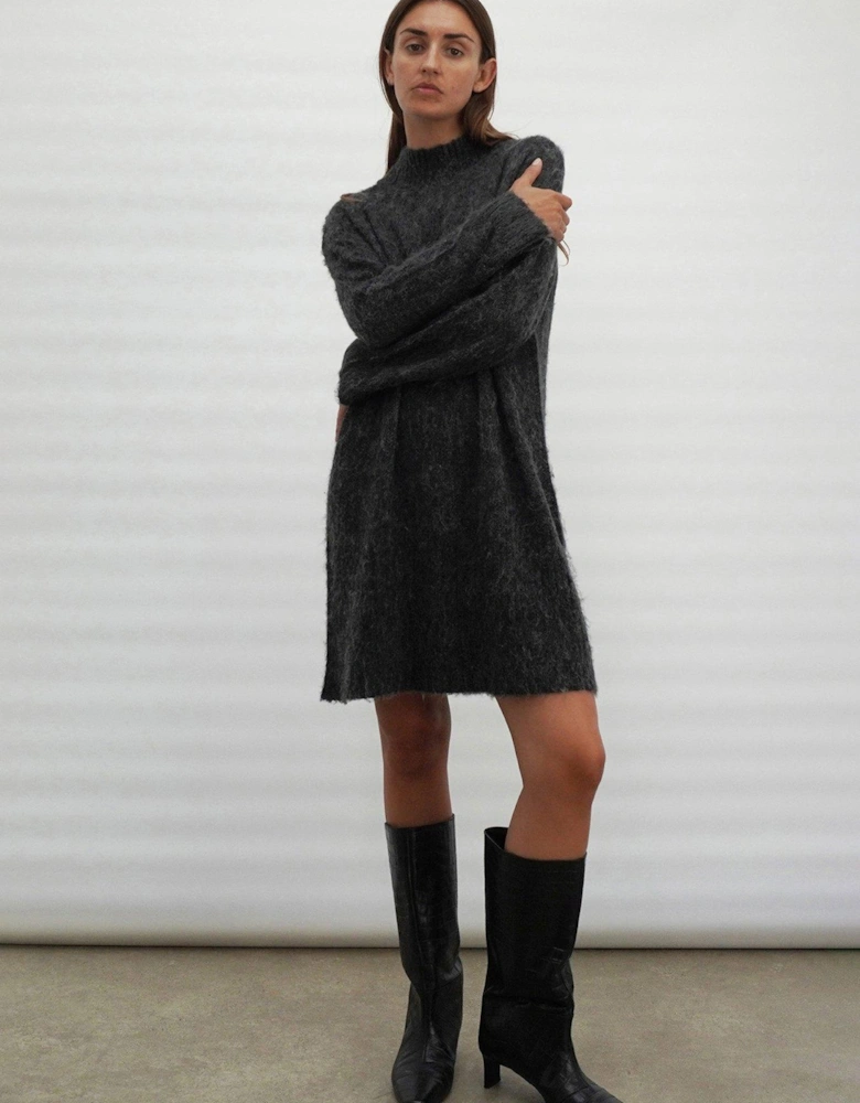 Oversized Lux Knitted High Neck Tunic Dress - Grey